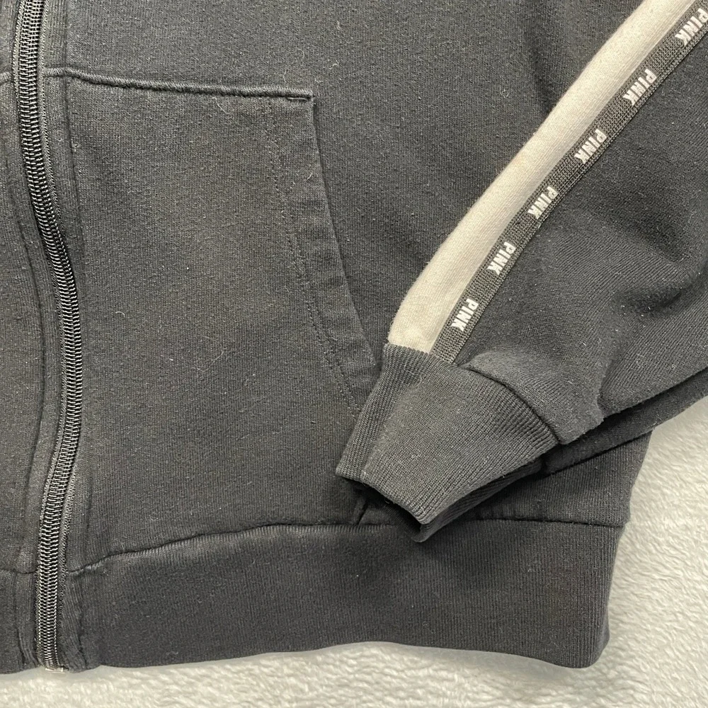 PINK Victoria's Secret Zip Hoodie Women Medium Black Sherpa Hood white Stripe - Picture 2 of 11